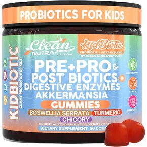Clean Nutra Kids Probiotics Gummies with Prebiotics, Postbiotics, Digestive Enzymes, Akkermansia, Boswellia Serrata, Turmeric, Chicory – 60 Count – Plant-Based Supplement for Kids – PeachPop Flavor in Kuwait