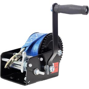 3500LBS Hand Winch,with 32.8FT Blue Strap,Black Shell,4.1:2.4:1 Gear Ratio Portable Winch,Two-Way Ratchet,Manual Operated Hand Crank Winch for Trailer, Boat or ATV Towing in Saudi Arabia