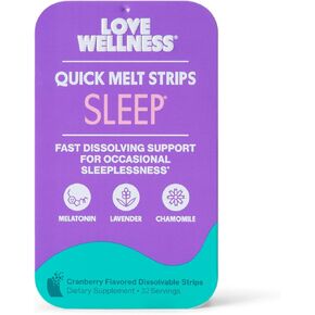 شرائح Love Wellness Sleep* سريعة الذوبان - دعم النوم سريع الذوبان مع الميلاتونين والنباتات المهدئة - تعزز النوم المريح* - لا حاجة إلى الماء - نباتي وخالي من السكر - 32 شريطًا in Kuwait