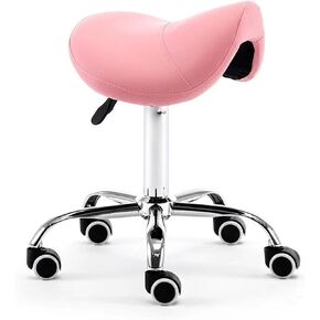 كرسي سرج مقعد مريح | دوارة دوارة قابلة للتعديل مع عجلات من جلد البولي يوريثان للأسنان، والوشم، والجمال، والتدليك، ومقعد مكتب الرموش بسعة وزن 200 كجم (وردي) in Kuwait