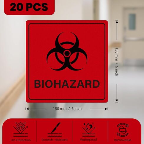 20 عبوة من ملصقات التحذير من المخاطر البيولوجية، مقاس 15.24 سم × 15.24 سم، كبيرة باللون الأحمر ذاتية اللصق، علامة خطر حيوي مقاومة للماء ومقاومة للتمزق، علامات أمان للمختبرات وحاويات النفايات الطبية الخطرة، تحذير للمنشأة in Kuwait