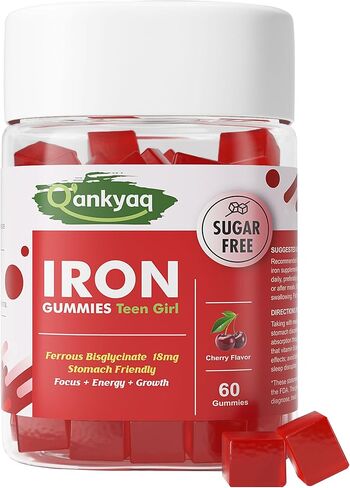 Iron Gummies for Teen Girls, Gentle Iron Bisglycinate with Vitamin C, Iron Supplement Plus Folate, Energy & Anemia Support, Chewable, Sugar Free, 60 Gummies in Saudi Arabia