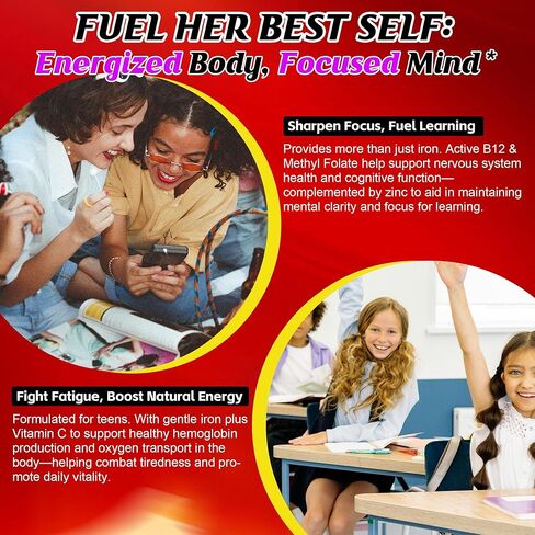 Iron Gummies for Teen Girls, Gentle Iron Bisglycinate with Vitamin C, Iron Supplement Plus Folate, Energy & Anemia Support, Chewable, Sugar Free, 60 Gummies in Saudi Arabia