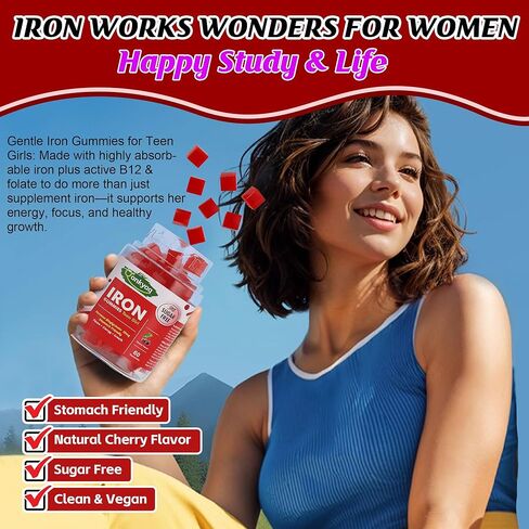 Iron Gummies for Teen Girls, Gentle Iron Bisglycinate with Vitamin C, Iron Supplement Plus Folate, Energy & Anemia Support, Chewable, Sugar Free, 60 Gummies in Saudi Arabia