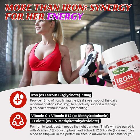 Iron Gummies for Teen Girls, Gentle Iron Bisglycinate with Vitamin C, Iron Supplement Plus Folate, Energy & Anemia Support, Chewable, Sugar Free, 60 Gummies in Saudi Arabia