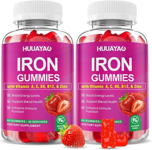 علكات مكملات الحديد للنساء والرجال، علكات الحديد النباتية مع فيتامين C، A، B المركب، حمض الفوليك، الزنك لبناء الدم ودعم الطاقة، نكهة الفراولة، 60 قطعة in Kuwait