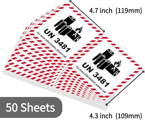HUOJI 50 قطعة من ملصقات تحذير بطارية ليثيوم أيون، 4.7 بوصة × 4.3 بوصة UN3481 ملصقات تحذير تحذير النقل، ملصقات هشة للشحن والنقل (50 ورقة | 100 ملصق) in Kuwait