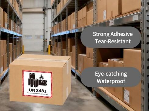 HUOJI 50 قطعة من ملصقات تحذير بطارية ليثيوم أيون، 4.7 بوصة × 4.3 بوصة UN3481 ملصقات تحذير تحذير النقل، ملصقات هشة للشحن والنقل (50 ورقة | 100 ملصق) in Kuwait