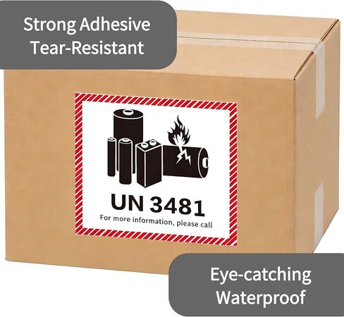 HUOJI 50 قطعة من ملصقات تحذير بطارية ليثيوم أيون، 4.7 بوصة × 4.3 بوصة UN3481 ملصقات تحذير تحذير النقل، ملصقات هشة للشحن والنقل (50 ورقة | 100 ملصق) in Kuwait