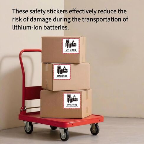HUOJI 50 قطعة من ملصقات تحذير بطارية ليثيوم أيون، 4.7 بوصة × 4.3 بوصة UN3481 ملصقات تحذير تحذير النقل، ملصقات هشة للشحن والنقل (50 ورقة | 100 ملصق) in Kuwait