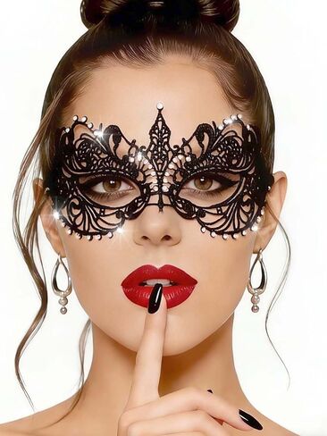 Bounzhi Sexy Masquerade Mask Rhinestone Lace Mask Party Eyemask Halloween Mask Ball Costume Accessory for Women in Kuwait