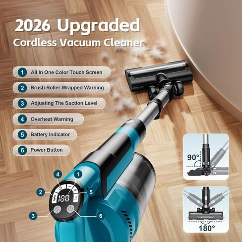 8000mAh Cordless Vacuum Cleaner, 700W 60Kpa Brushless Vacuum Cleaners for Home, 6 in 1 Cordless Stick Vacuum Clearner, Stick Vacuum with Led Display for Hard Floors/Carpet/Pet Hair/Dorm in Saudi Arabia