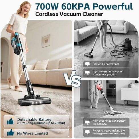 8000mAh Cordless Vacuum Cleaner, 700W 60Kpa Brushless Vacuum Cleaners for Home, 6 in 1 Cordless Stick Vacuum Clearner, Stick Vacuum with Led Display for Hard Floors/Carpet/Pet Hair/Dorm in Saudi Arabia