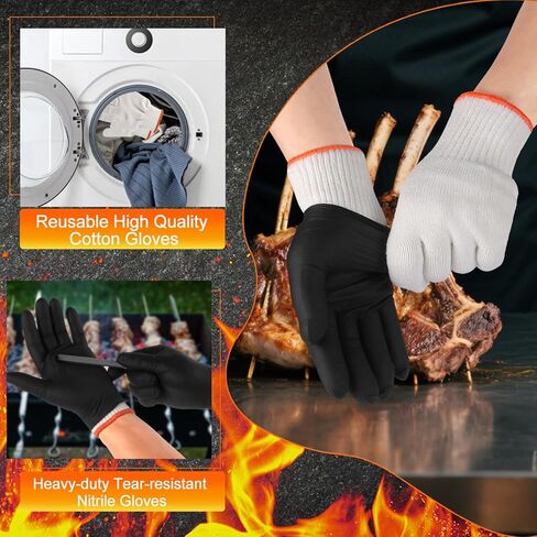BBQ Gloves 50 Disposable nitrile Gloves with 2 Reusable Cotton Liners Guantes for Cooking Food Prep,Powder Latex Free,Heat Resistant for Grilling, Barbecue, Smoker Guante Heat Froof for Men - XLarge in Kuwait