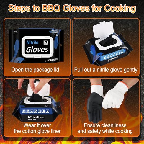 BBQ Gloves 50 Disposable nitrile Gloves with 2 Reusable Cotton Liners Guantes for Cooking Food Prep,Powder Latex Free,Heat Resistant for Grilling, Barbecue, Smoker Guante Heat Froof for Men - XLarge in Kuwait