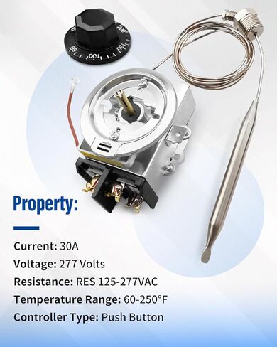 D1/D18 ترموستات مناسب لطاولة البخار وطاولة البوفيه والتحكم في درجة الحرارة 30A RES 125-277VAC، 60-250 درجة فهرنهايت 3/8 بوصة × 4-1/2 بوصة لمبة in Kuwait