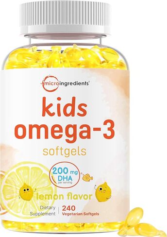 Micro Ingredients Kids Omega-3 Fish Oil, 240 Veggie Softgels | Vegan Omega 3 with 200mg DHA | Lemon Flavored | Fish Oil Alternative from Algae Oil | No Fishy Smell or Aftertaste in Saudi Arabia