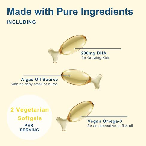 Micro Ingredients Kids Omega-3 Fish Oil, 240 Veggie Softgels | Vegan Omega 3 with 200mg DHA | Lemon Flavored | Fish Oil Alternative from Algae Oil | No Fishy Smell or Aftertaste in Saudi Arabia