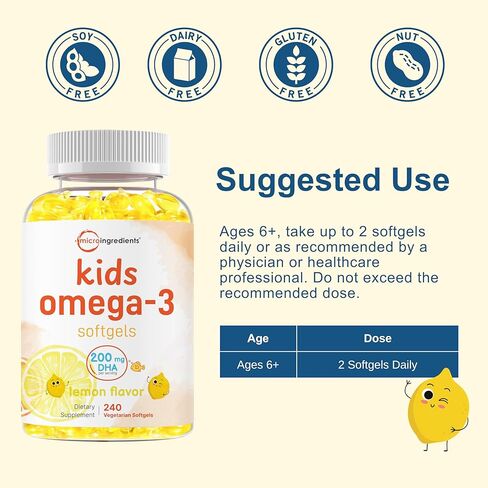 Micro Ingredients Kids Omega-3 Fish Oil, 240 Veggie Softgels | Vegan Omega 3 with 200mg DHA | Lemon Flavored | Fish Oil Alternative from Algae Oil | No Fishy Smell or Aftertaste in Saudi Arabia