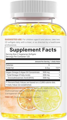 Micro Ingredients Kids Omega-3 Fish Oil, 240 Veggie Softgels | Vegan Omega 3 with 200mg DHA | Lemon Flavored | Fish Oil Alternative from Algae Oil | No Fishy Smell or Aftertaste in Saudi Arabia
