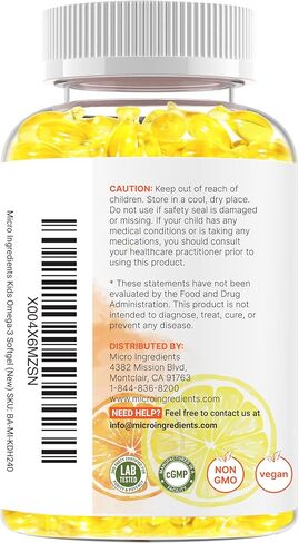 Micro Ingredients Kids Omega-3 Fish Oil, 240 Veggie Softgels | Vegan Omega 3 with 200mg DHA | Lemon Flavored | Fish Oil Alternative from Algae Oil | No Fishy Smell or Aftertaste in Saudi Arabia