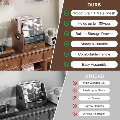 صندوق تخزين سجل الفينيل مع درج ، مربع حامل خشبي ومعادن ، منظم ألبوم LP للمنزل ، سطح المكتب وغرفة الموسيقى ، صناديق الفينيل للألبومات والكتاب والملفات ، ويحمل 60+ سجلات in Saudi Arabia