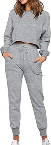 BOFETA Women's Casual 2 Piece Outfits Long Sleeve Solid Color Crop Top Pullover Sweatshirt and Jogger Pants Sweatsuit in Kuwait