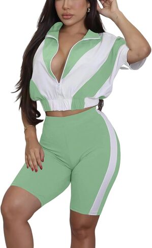 Adogirl Women 2 Piece Outfits Summer Tracksuit Color Block Short Sleeve Full Zip Up Cropped Jacket Bodycon Shorts Lounge Sets in Kuwait