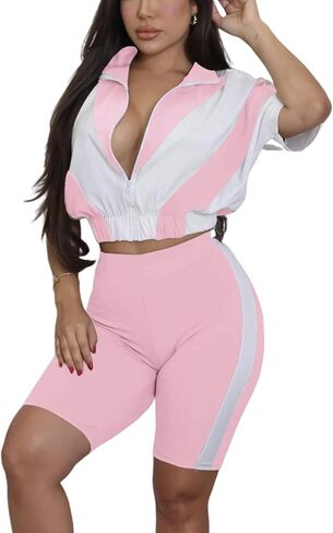 Adogirl Women 2 Piece Outfits Summer Tracksuit Color Block Short Sleeve Full Zip Up Cropped Jacket Bodycon Shorts Lounge Sets in Saudi Arabia
