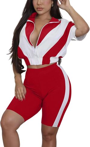 Adogirl Women 2 Piece Outfits Summer Tracksuit Color Block Short Sleeve Full Zip Up Cropped Jacket Bodycon Shorts Lounge Sets in Saudi Arabia