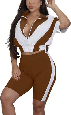 Adogirl Women 2 Piece Outfits Summer Tracksuit Color Block Short Sleeve Full Zip Up Cropped Jacket Bodycon Shorts Lounge Sets in Saudi Arabia