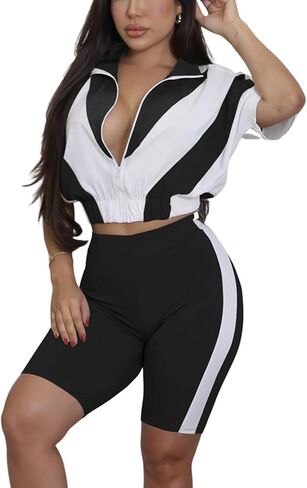 Adogirl Women 2 Piece Outfits Summer Tracksuit Color Block Short Sleeve Full Zip Up Cropped Jacket Bodycon Shorts Lounge Sets in Saudi Arabia