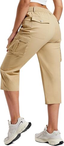 MoFiz Women's Cargo Capris Cotton Pants with Button Pockets Elastic Waist Lightweight Cute Hiking Casual Pant for Summer in Saudi Arabia