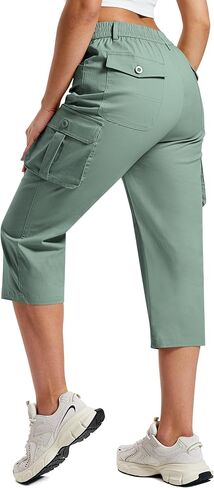 MoFiz Women's Cargo Capris Cotton Pants with Button Pockets Elastic Waist Lightweight Cute Hiking Casual Pant for Summer in Saudi Arabia
