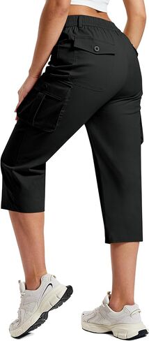 MoFiz Women's Cargo Capris Cotton Pants with Button Pockets Elastic Waist Lightweight Cute Hiking Casual Pant for Summer in Saudi Arabia