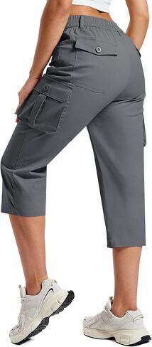 MoFiz Women's Cargo Capris Cotton Pants with Button Pockets Elastic Waist Lightweight Cute Hiking Casual Pant for Summer in Saudi Arabia