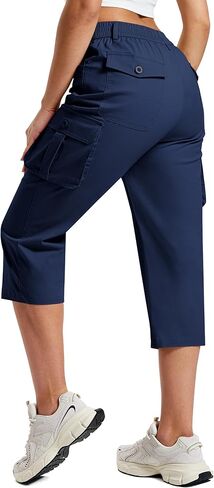 MoFiz Women's Cargo Capris Cotton Pants with Button Pockets Elastic Waist Lightweight Cute Hiking Casual Pant for Summer in Saudi Arabia