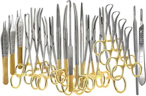 A2Z Gold Premium German 22 Pc Veterinary Instruments Set -Include Kelly Forceps- Mosquito Forceps -Carmalt Forceps -Backhaus Towel Clamp- Mayo Metzenbaum Scissors- All in ONE - Made of Stainless Steel in Saudi Arabia