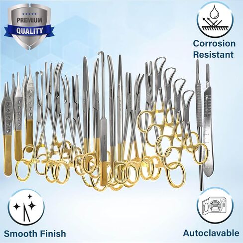 A2Z Gold Premium German 22 Pc Veterinary Instruments Set -Include Kelly Forceps- Mosquito Forceps -Carmalt Forceps -Backhaus Towel Clamp- Mayo Metzenbaum Scissors- All in ONE - Made of Stainless Steel in Saudi Arabia