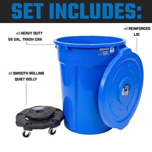 مجموعة سلة المهملات سعة 55 جالون من ماغنوم بلو (سلة المهملات، دوللي هادئة، وغطاء مقوى)، درجة البناء، موقع العمل جاهز للتعامل مع القمامة CMTC-CLD0-55B01 (مجموعة واحدة) in Kuwait