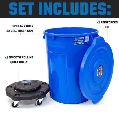 مجموعة سلة المهملات سعة 32 جالون من ماغنوم بلو (سلة المهملات، دوللي هادئة، وغطاء مقوى)، درجة البناء، موقع العمل جاهز للتعامل مع القمامة ولفها CMTC-CLD0-32B02 (مجموعتان) in Kuwait