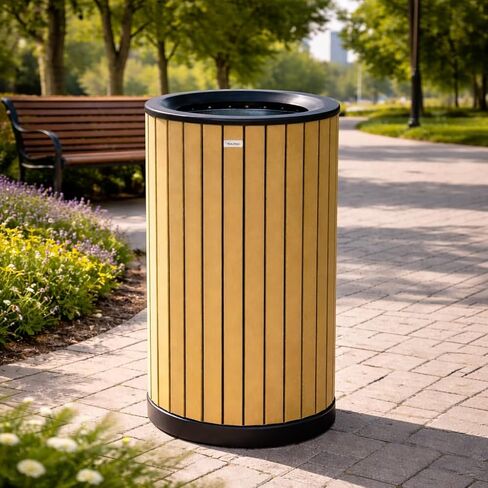 Alpine 32 Gallon Commercial Outdoor Trash Can – Open Top All-Weather Garbage Can with Leak-Proof Stainless Steel Liner, Floor-Mount Ready for Parks, Schools & Public Spaces (Flat Lid - Cedar) in Saudi Arabia