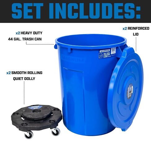 مجموعة سلة المهملات سعة 44 جالون من ماغنوم بلو (سلة المهملات، دوللي هادئة، وغطاء مقوى)، درجة البناء، موقع العمل جاهز للتعامل مع القمامة ولفها CMTC-CLD0-44B02 (مجموعتان) in Kuwait