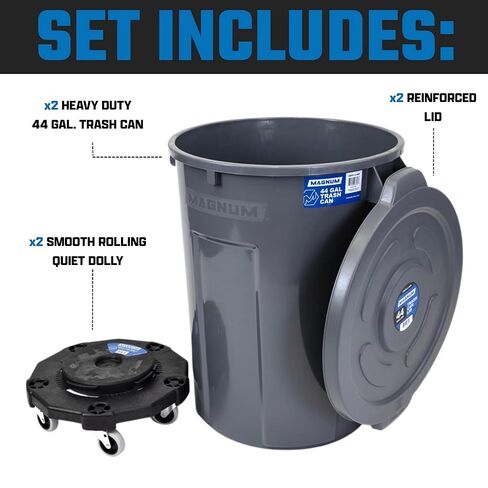 Magnum Gray 44 Gallon Trash Can Set (Trash Can, Quiet Dolly, and Reinforced Lid), Construction Grade, Jobsite Ready for Handling and Rolling Garbage CMTC-CLD0-44G02 (2 Set) in Kuwait