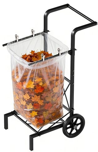 Garden Trash Bag Holder Cart with Wheels, Adjustable Metal Leaf Bag Holder from 30-45 Gallon Capacity, Heavy Duty Outdoor Mobile Garbage Lawn Bags Cart Stand for Yard Gardening Camping, Black in Kuwait