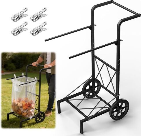 Garden Trash Bag Holder Cart with Wheels, Adjustable Metal Leaf Bag Holder from 30-45 Gallon Capacity, Heavy Duty Outdoor Mobile Garbage Lawn Bags Cart Stand for Yard Gardening Camping, Black in Kuwait