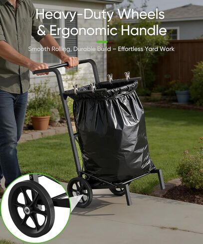 Garden Trash Bag Holder Cart with Wheels, Adjustable Metal Leaf Bag Holder from 30-45 Gallon Capacity, Heavy Duty Outdoor Mobile Garbage Lawn Bags Cart Stand for Yard Gardening Camping, Black in Kuwait