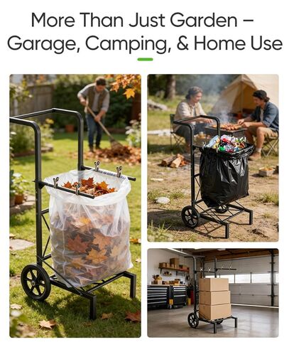 Garden Trash Bag Holder Cart with Wheels, Adjustable Metal Leaf Bag Holder from 30-45 Gallon Capacity, Heavy Duty Outdoor Mobile Garbage Lawn Bags Cart Stand for Yard Gardening Camping, Black in Kuwait