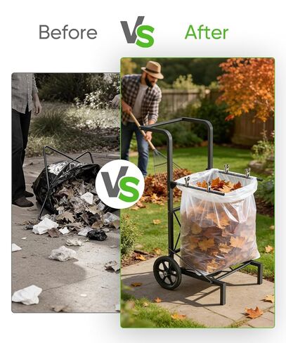 Garden Trash Bag Holder Cart with Wheels, Adjustable Metal Leaf Bag Holder from 30-45 Gallon Capacity, Heavy Duty Outdoor Mobile Garbage Lawn Bags Cart Stand for Yard Gardening Camping, Black in Kuwait