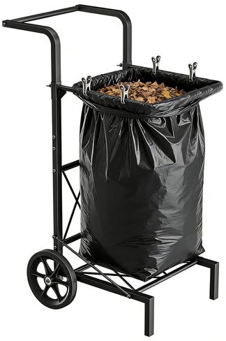 Garden Trash Bag Holder Cart with Wheels, Adjustable Metal Leaf Bag Holder from 30-45 Gallon Capacity, Heavy Duty Outdoor Mobile Garbage Lawn Bags Cart Stand for Yard Gardening Camping, Black in Kuwait